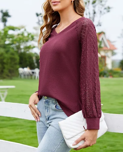 Vista 7 de MINTLIMIT Blusa de manga larga con encaje para mujer, estilo informal, elegante, de verano, holgada, de punto, cuello en V, sin botones