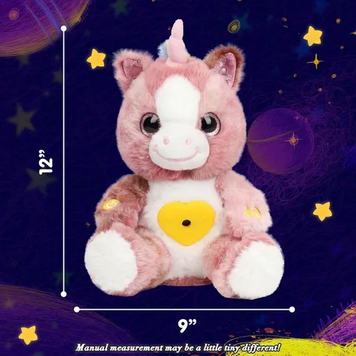 Vista 3 de Proyector de estrellas de unicornio rosa sucio de felpa, luz nocturna musical, ajustable, animales de peluche, juguetes de peluche brillantes