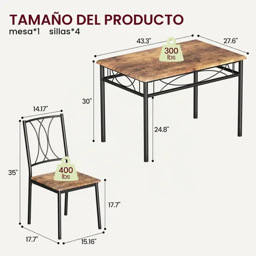 Vista 6 de Garvee Juego de mesa de comedor de madera de 5 piezas para 4, juego de mesa de cocina rectangular con 4 sillas, juego de mesa de comedor que ahorra