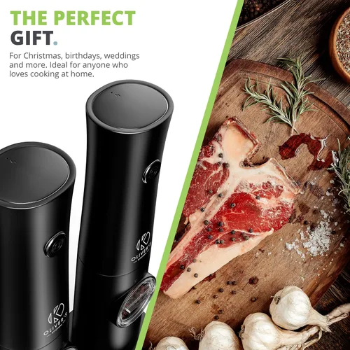 Vista 7 de Oliver's Kitchen ® Molinillos eléctricos de sal y pimienta, no requiere baterías con base USB-C recargable, fácil operación con 1 toque, grosor