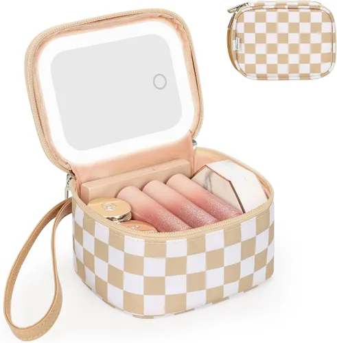 Vista 10 de Relavel Mini bolsa de maquillaje con espejo LED, pequeña bolsa de 01-Negro