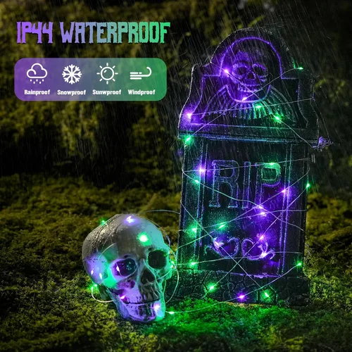 Vista 4 de JMEXSUSS 4 unidades de luces de hadas LED de 50 luces en púrpura y verde, luces de cadena de hadas operadas con batería, luces de 16 pies