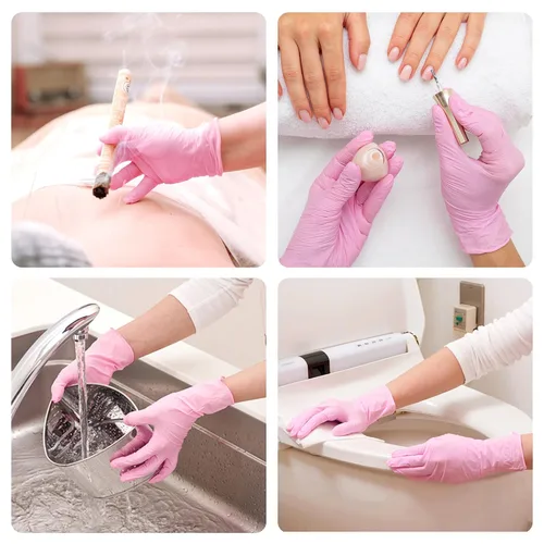 Vista 7 de SwiftGrip - Guantes de examen desechables rosados, 3 mil, talla XS, caja de 50 unidades, sin polvo, sin látex, guantes de grado médico para limpieza