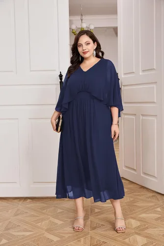 Vista 3 de Hanna Nikole Vestido de fiesta de noche de gasa con cuello en V para mujer, talla grande, manga capa, maxi vestidos para invitados de boda