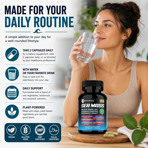 Vista 4 de Musgo marino con aceite de semilla negra, vitamina C, Ashwagandha y cúrcuma para apoyo inmunológico y energía, 60 cápsulas veganas + pastillero