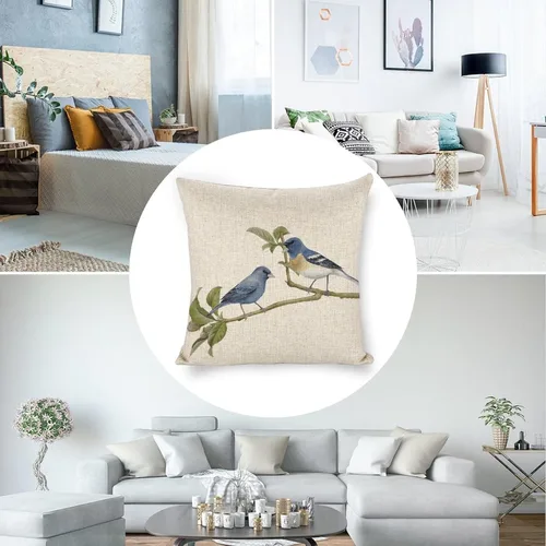 Vista 4 de Fundas de almohada decorativas de lino con diseño de pájaro en acuarela de 18 x 18 pulgadas para sofá, dormitorio, sala de estar y automóvil