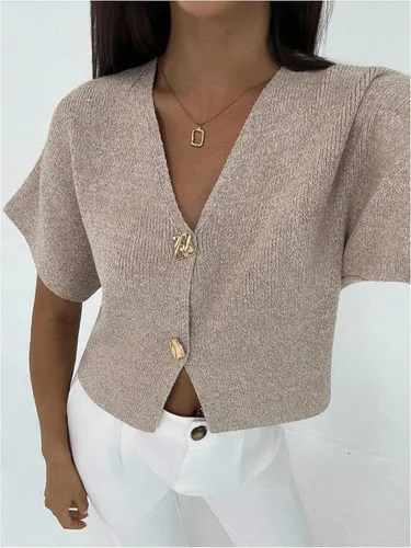 Vista 5 de SOLY HUX Cárdigan de manga corta con cuello en V para mujer Caqui liso.