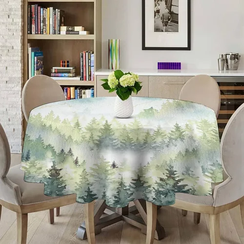 Vista 3 de Mantel redondo de montaña con bosque brumoso, acuarela, verde brumoso, rústico, paisaje, pájaros, naturaleza, arte, para interiores y exteriores