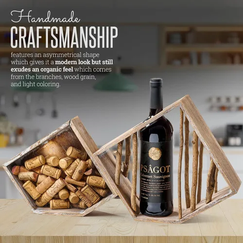 Vista 6 de Soporte para botellas de vino – Estante individual de madera de abedul rústico para botellas de vino con soporte de corcho, vitrina de madera