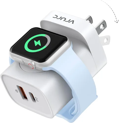 Vista 10 de VRURC Cargador para iPhone y Apple Watch, bloque de carga rápida USB C de 20 W, adaptador de viaje compacto 3 en 1 con 2 puertos para iPhone