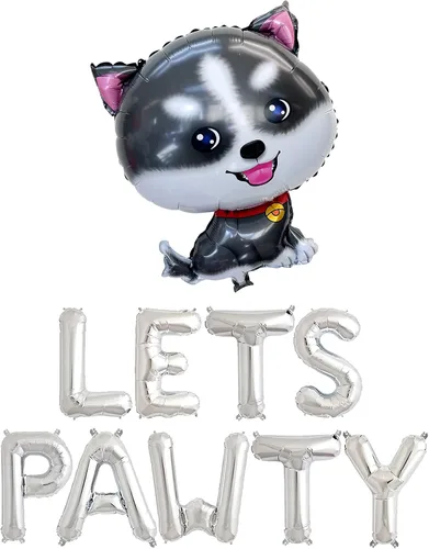 Vista 2 de Suministros de fiesta de cumpleaños para perros, fiesta de cumpleaños de perro Husky de Alaska, pancarta de globos de Lets Pawty, decoraciones