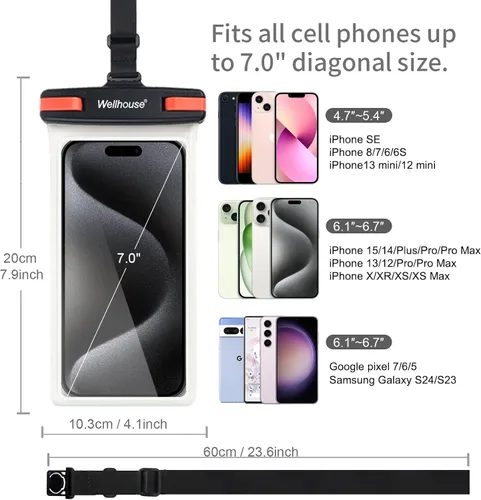 Vista 4 de wellhouse Funda impermeable para teléfono, estuche impermeable para iPhone 16 15 14 13 12 Pro Max XS Samsung, bolsa seca para celular IPX8 3D
