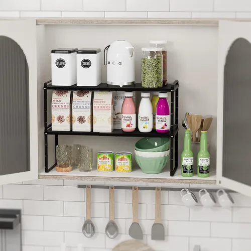 Vista 5 de SANNO Organizador de estantes de cocina expandibles, altura ajustable, gran apilable, armario de cocina, organizador de despensa y mostrador, Negro
