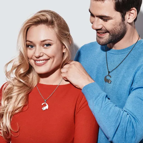 Vista 2 de Collar a Juego para Parejas, Collar Personalizado con Colgante de Gato Mascota Yin Yang, Collares de Promesa de Novio y Novia para Él y Ella, Regalo