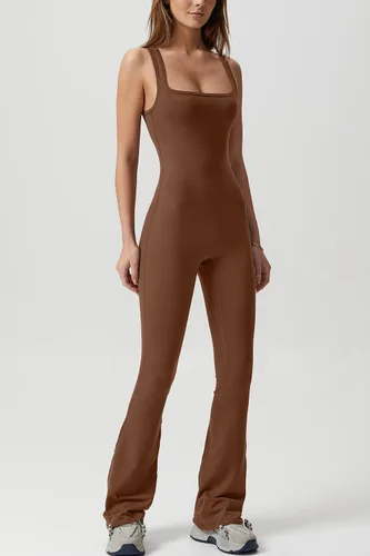 Vista 3 de QINSEN Enterizo de pierna ancha para mujer, sin mangas, cuello cuadrado, entallado, longitud completa, casual, Unitard