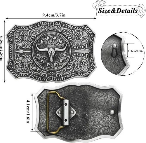 Vista 12 de RechicGu Hebilla de cinturón ovalada de calavera de toro de cuerno largo, cuentas de madera turquesa nativa americana, hebillas de vaquero