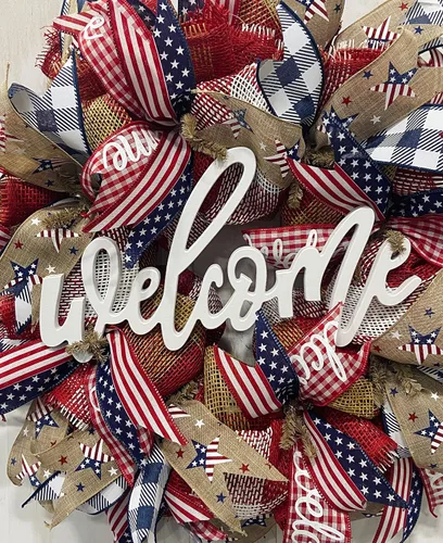 Vista 5 de 24" Round Patriotic Mesh Front Door Wreath with Welcome Sign Insert Option, Heavy Wire Base, Lots of Ribbon