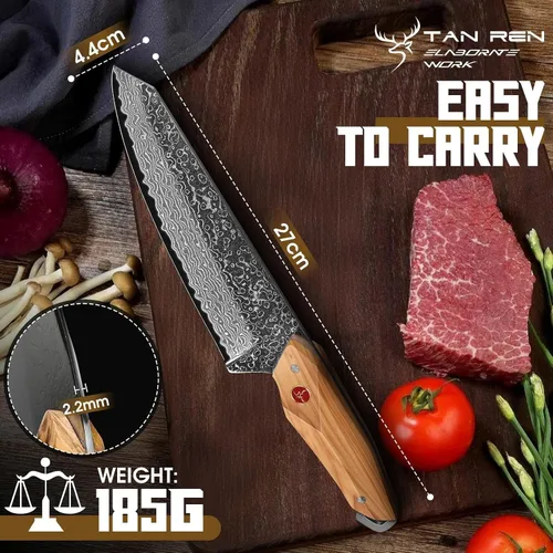Vista 5 de TAN REN Cuchillo de chef de Damasco de 6 pulgadas con funda, cuchillo japonés Kiritsuke afilado, cuchillos de cocina de Damasco de espiga completa