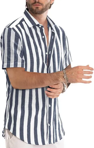 Vista 202 de JMIERR Camisas de vestir a rayas con botones y manga corta para hombre