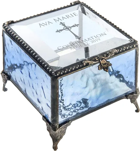 Vista 2 de J Devlin - Caja de cristal de confirmación personalizada, color azul