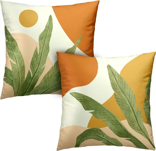 Vista 14 de Juego de 2 fundas de almohada abstractas bohemias de 16 x 16 pulgadas, modernas fundas de almohada de mediados de siglo, diseño de hojas verdes