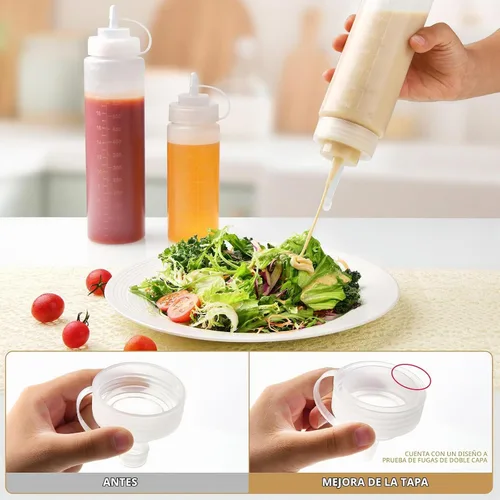 Vista 3 de Paquete de 8 botellas de condimento de plástico de 12 onzas con tapas de tapa, perfectas para condimentos, aceite, glaseado, líquidos, juego de 8
