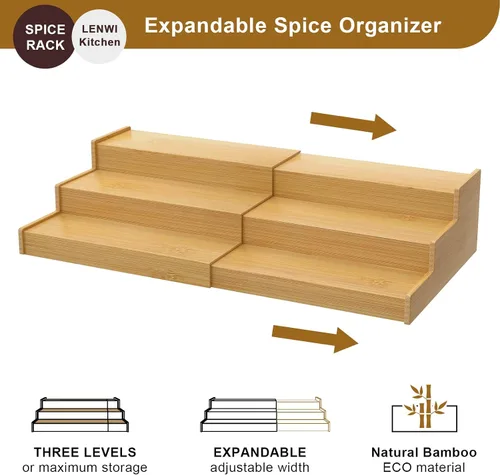 Vista 2 de Lenwi Organizador de estante de especias para gabinete, de bambú expandible de 3 niveles, ideal para gabinete de cocina, armario, despensa y más