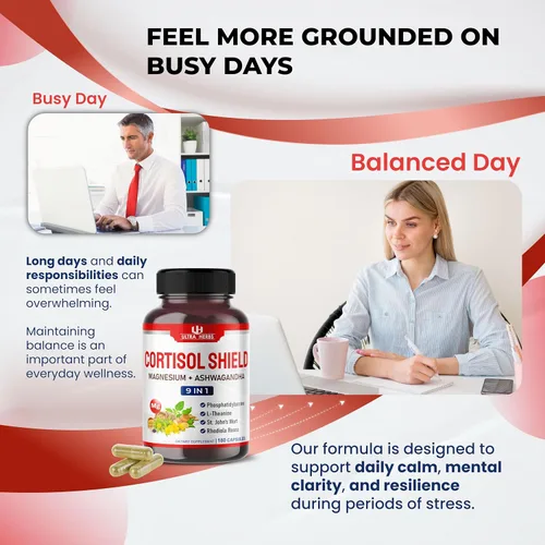Vista 2 de CORTISOL Shield 9 en 1 - Magnesio + Ashwagandha con fosfatidilserina, L-teanina, hierba de San Juan, Rhodiola Rosea - Apoyo de relajación