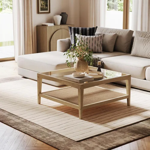 Vista 10 de Nathan James Asher Mid-Century - Mesa de centro rectangular con parte superior de cristal y estante de almacenamiento con acabado de madera con Negro