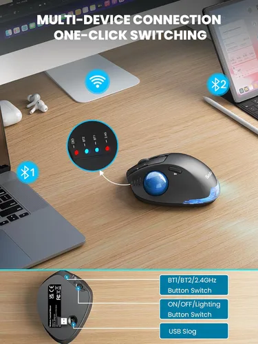 Vista 4 de MAM1 Pro - Ratón inalámbrico de Trackball, ergonómico Bluetooth recargable, mouse de pulgar retroiluminado con 5 niveles DPI, ángulo ajustable
