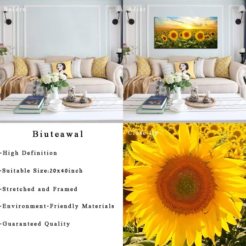 Vista 6 de Biuteawal Lienzo impreso con diseño de girasol, arte de pared, paisaje, paisaje, flores, campo, obra de arte, pintura moderna para el hogar, cocina