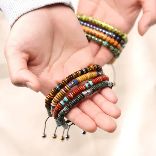 Vista 5 de Boho Natural Gemstone Blue Turquoise Black Brown Tiger Eye Red Lime Orange Jasper Green Jade Malachite Stones Chakra Stacking Bolo Bracelet Gold