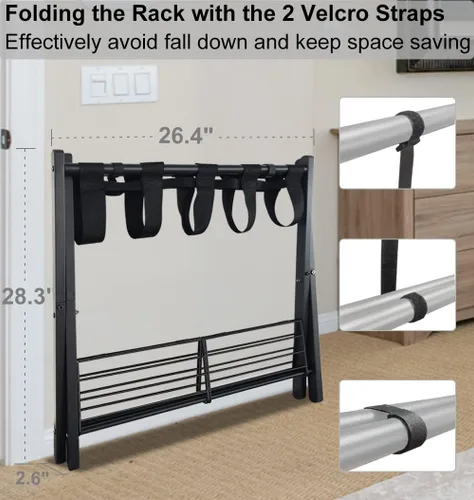 Vista 5 de Portaequipajes plegable para habitación de invitados, soporte plegable de metal para maleta con estante de metal para dormitorio, negro, paquete de 1