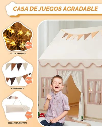 Vista 2 de Tienda de campaña grande para niños con luces de estrellas, banderas y bolsas de mano, tienda de campaña para niños en interiores y exteriores