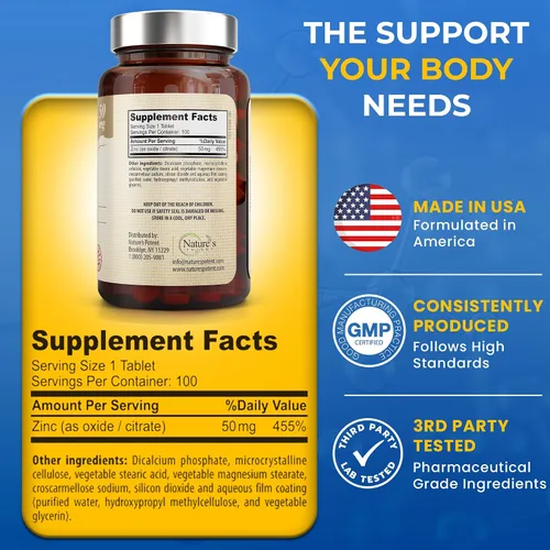 Vista 5 de Suplemento de zinc de 50 mg [alta potencia] - Sistema de apoyo inmunológico de zinc natural (óxido/citrato) 100 comprimidos, fabricado por Nature's