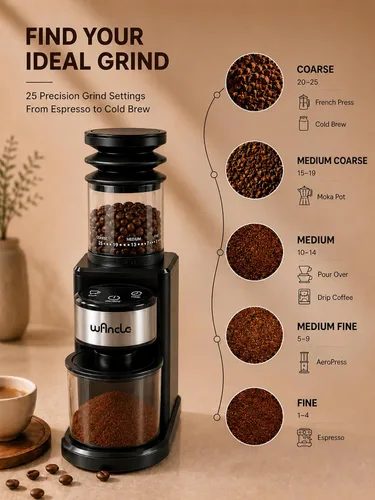Vista 4 de Wancle Molinillo de café eléctrico para rebabas, molinillo de granos