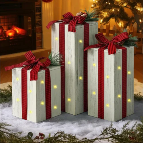 Vista 4 de Barydat 3 piezas de cajas de regalo iluminadas de Navidad para decoración de mesa de Navidad, centro de mesa rústico de madera para regalo