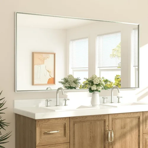 Vista 27 de TETOTE Espejo de baño dorado cepillado de 20" x 30", espejo de tocador de baño rectangular de latón dorado cepillado con marco biselado para sobre
