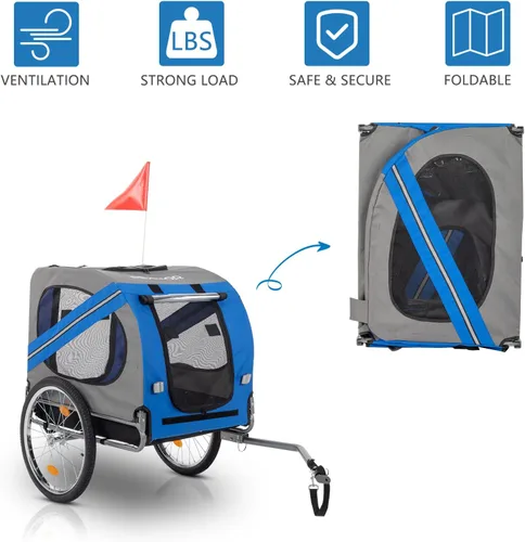 Vista 6 de PEXMOR Remolque de bicicleta para perros, carrito plegable para mascotas con enganche universal, transporte de carga para perro y ruedas de Azul