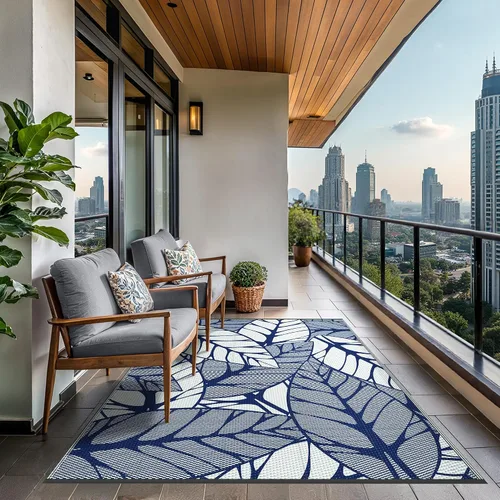 Vista 4 de GENIMO - Alfombra para exteriores de 6 x 9 pies, para patio, espacios amplios, reversible, de pajillas de plástico, alfombra impermeable para Azul