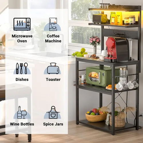 Vista 6 de Aheaplus - Estantería de cocina con toma de corriente, soporte para microondas, estación de café de 5 niveles con luces LED, estante