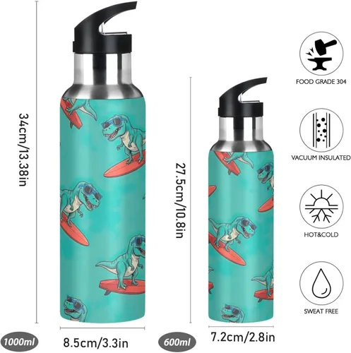 Vista 2 de Cute Funny Dinosaurs Green Stainless Steel Vacuum Insulated Water Bottle 32 Oz, BPA-Free Sport Water Bottle Leakproof Water Bottles