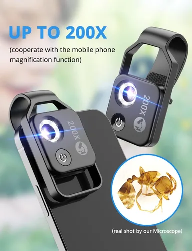Vista 2 de Mini microscopio de bolsillo para teléfono 200X con luz LED/clip universal, accesorios de cámara de microscopio digital portátil Nano Zoom para 99%