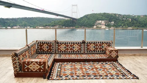 Vista 2 de arabicsofa Cojines de suelo marroquíes marrones en forma de L – Juego de asientos modulares de sofá seccional de esquina con fundas lavables
