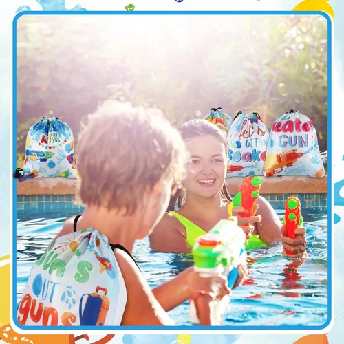 Vista 6 de Paterr Mochila con cordón para fiesta de pistola de agua, 12 unidades, para niños, fiesta en la piscina, bolsa de cincha, bolsas de cordón