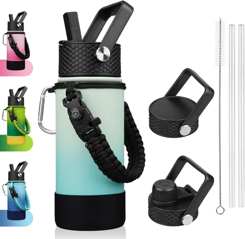 Vista 17 de BJPKPK - Botella de agua con tapa de popote, botellas de agua aisladas de 18 onzas con 3 tapas, asa de cuerda de paracaídas y base antideslizante