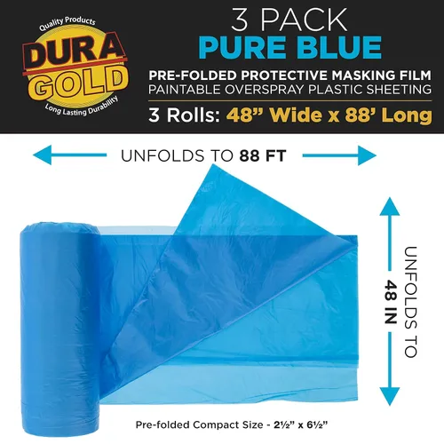 Vista 2 de Dura-Gold Película de enmascaramiento preplegada azul puro de 48 pulgadas x 88 pies, paquete de 3 rollos de plástico para pintores (0.4 mil), hoja