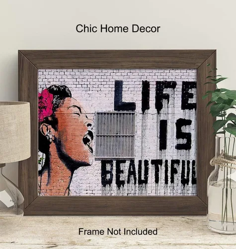 Vista 2 de Original Banksy Life is Beautiful Graffiti Street Art - Arte callejero de 8 x 10 pulgadas, arte fotográfico para el hogar, dormitorio, decoración