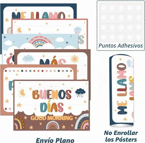 Vista 4 de gisgfim Juego de 16 pósteres de palabras y frases en español, tablero de anuncios, estudio y decoración de aula (Boho)
