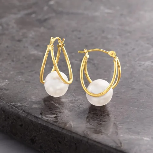 Vista 5 de Ross-Simons 8-9mm Cultured Pearl Double-Hoop Earrings in 14kt Yellow Gold. 34